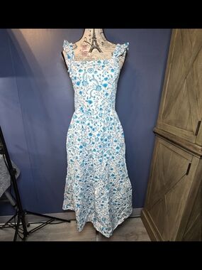Draper James Blue White Floral Midi Dress Women's S Square Neck Ruffle Cottage
